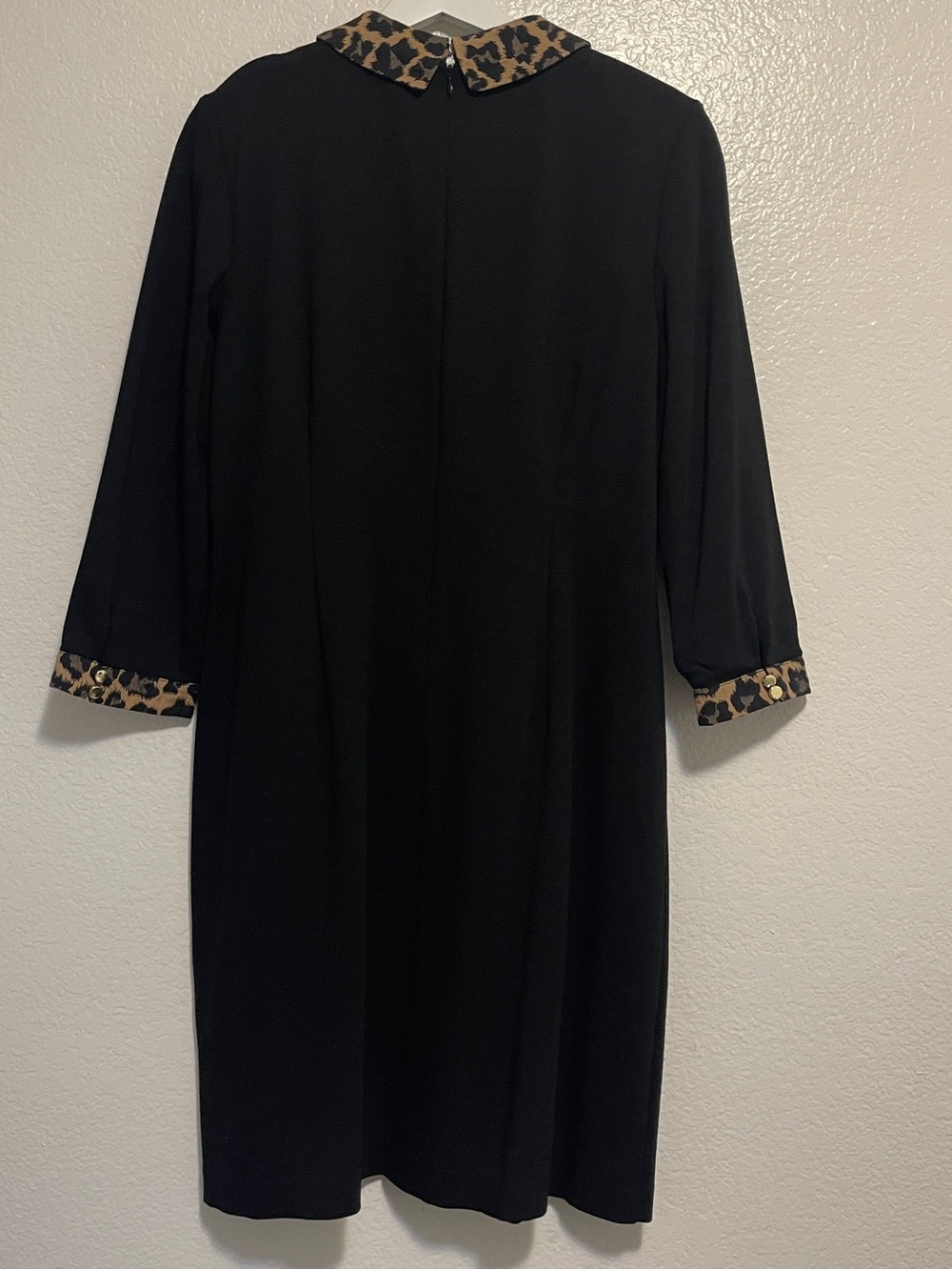 Talbots Black Long-Sleeve Shift Dress with Leopard Print Trim - Picture 9 of 12